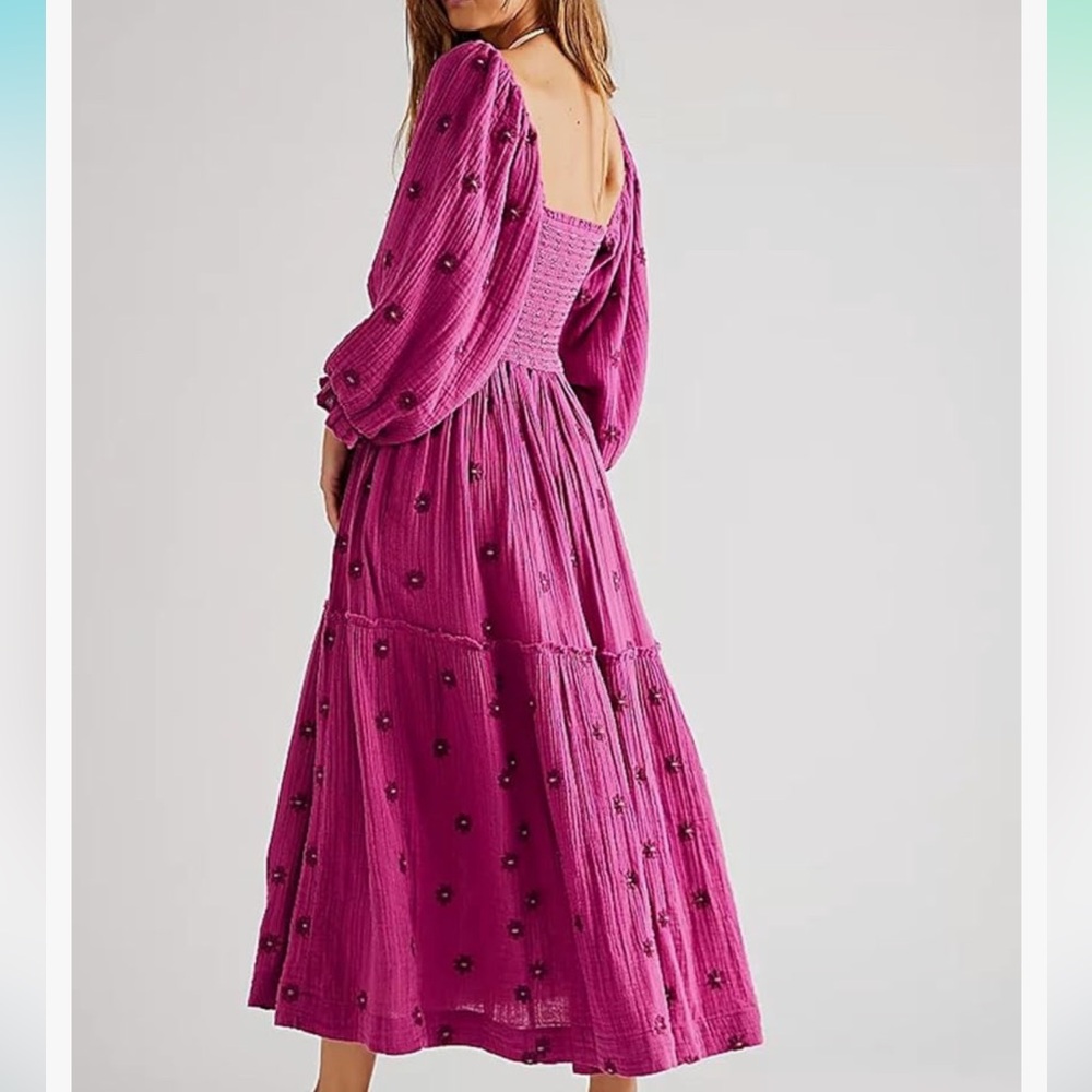 Chloefairy Flower Embroidered Maxi Dress Lantern Sleeve Square Neck Flowy Dress